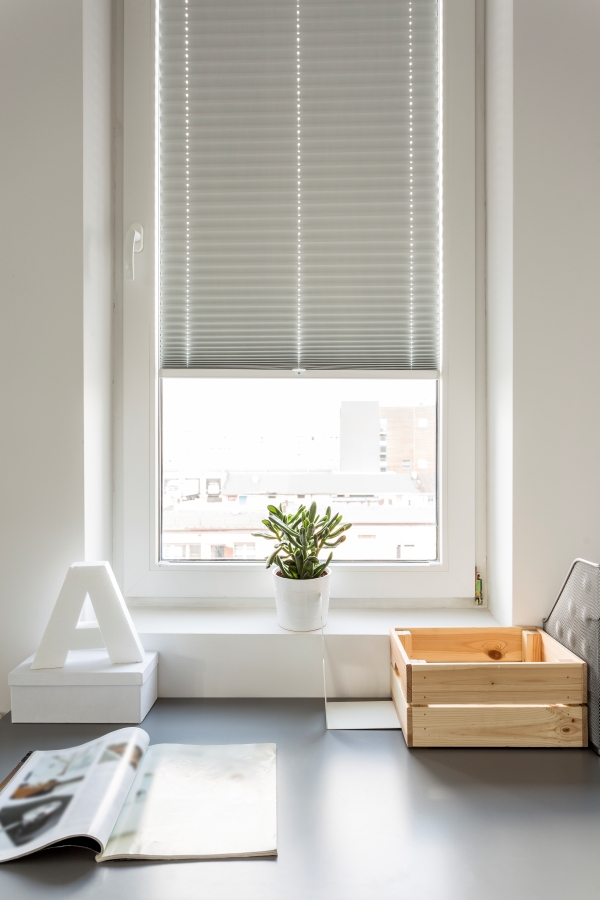 Modernes Fenster mit halb geschlossenem Plissee, einer Zimmerpflanze auf der Fensterbank und aufgeräumtem Schreibtisch davor.